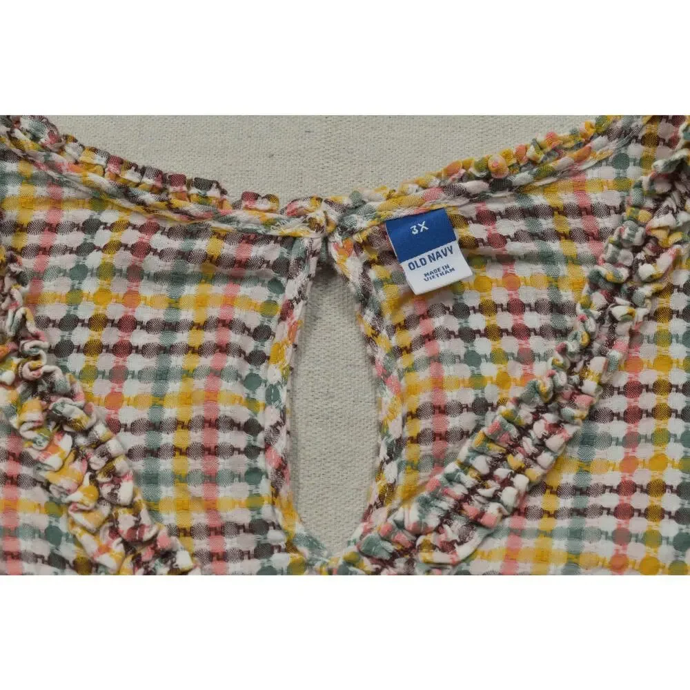 Old Navy Womens 3X Top Multicolor Gingham Plaid Cotton Keyhole Back Puff Sleeve
